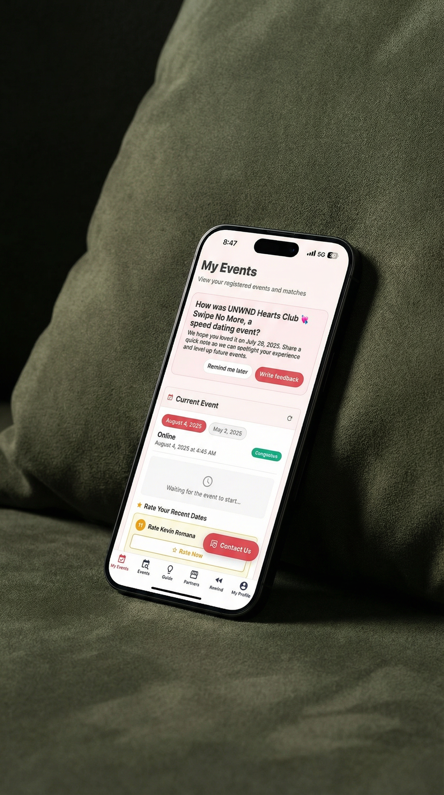 Mobile Flinkos My Events screen showing current and past events