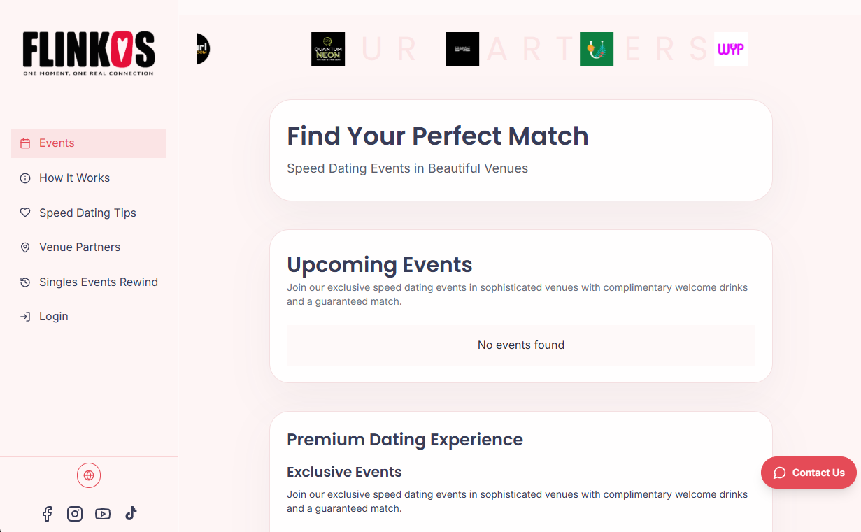 Desktop events page showing venue partners, event discovery, and premium dating experience sections
