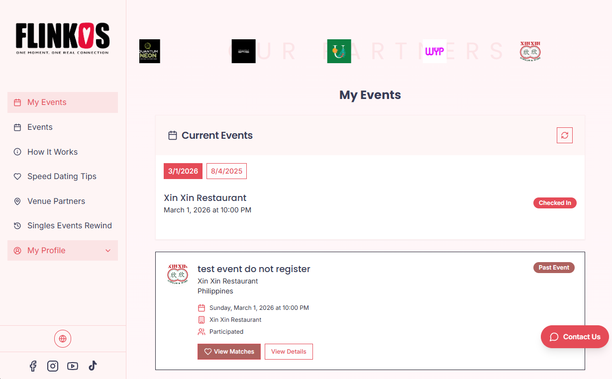 Desktop My Events page showing current events, past events, and match actions