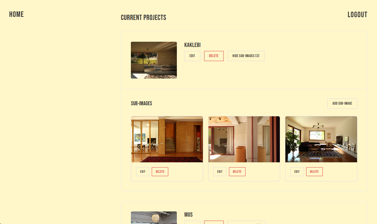Desktop project management view with current projects and sub-image controls