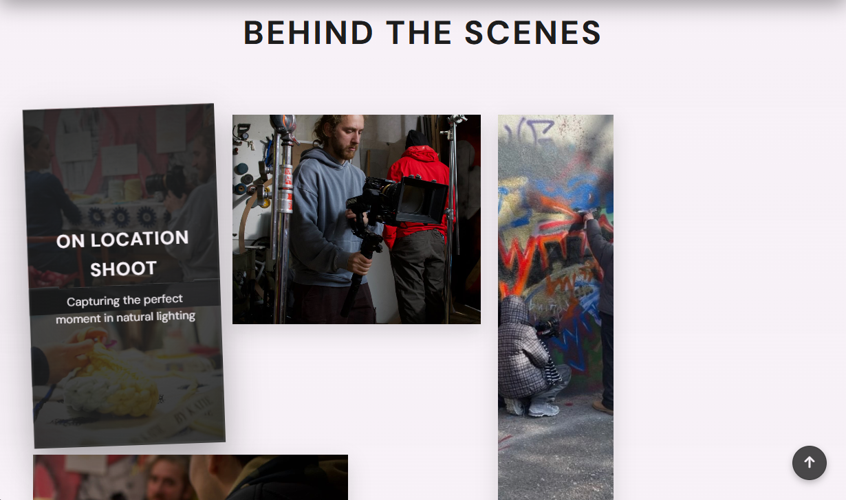 Desktop behind the scenes page with editorial gallery blocks and production photography