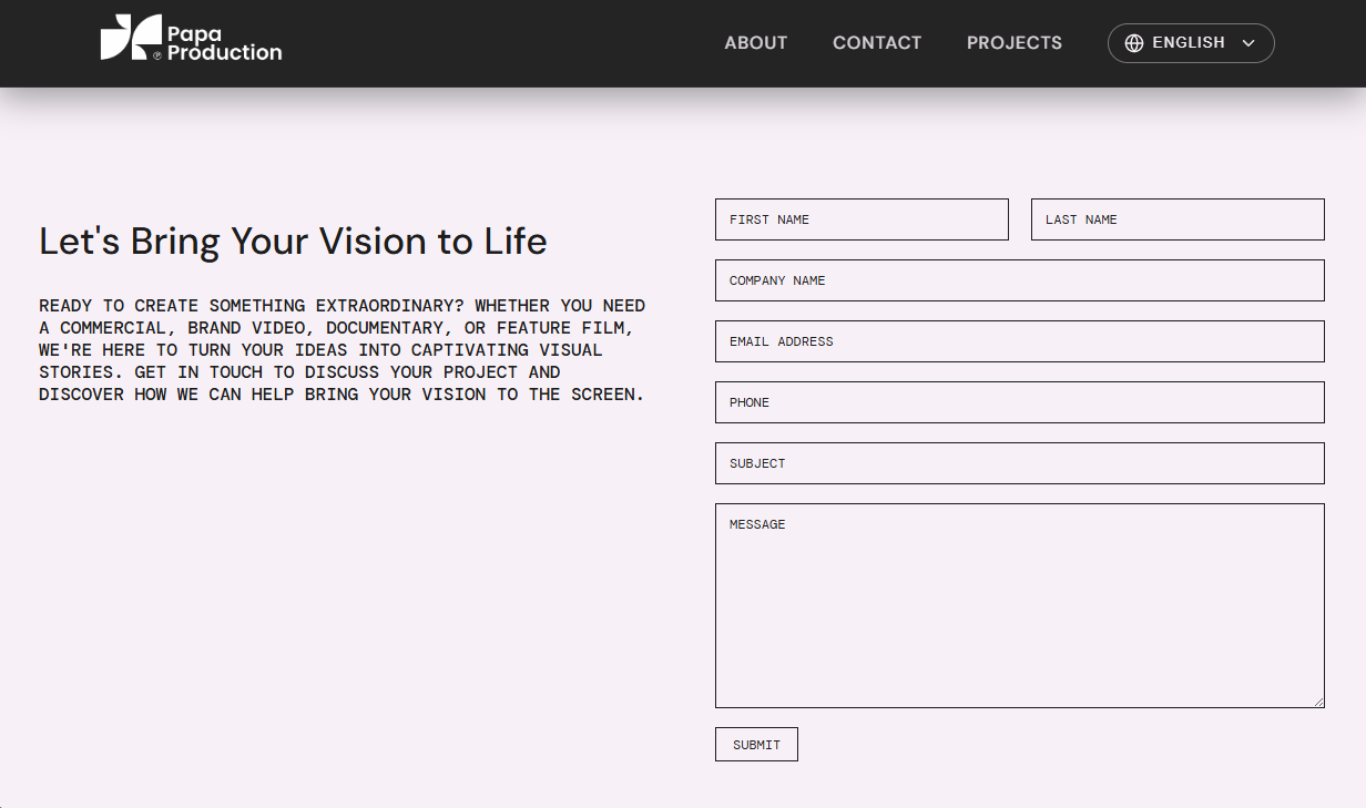 Desktop contact page with production inquiry copy and a multi-field contact form